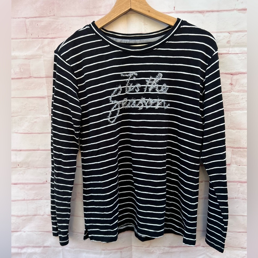 Talbots M ‘Tis the Season black striped holiday minimalist Christmas tee shirt